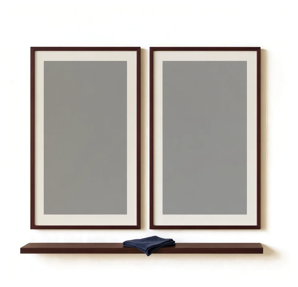 Two cherry wood picture frames on a white wall, above a narrow cherry ledge with a folded square of navy cloth