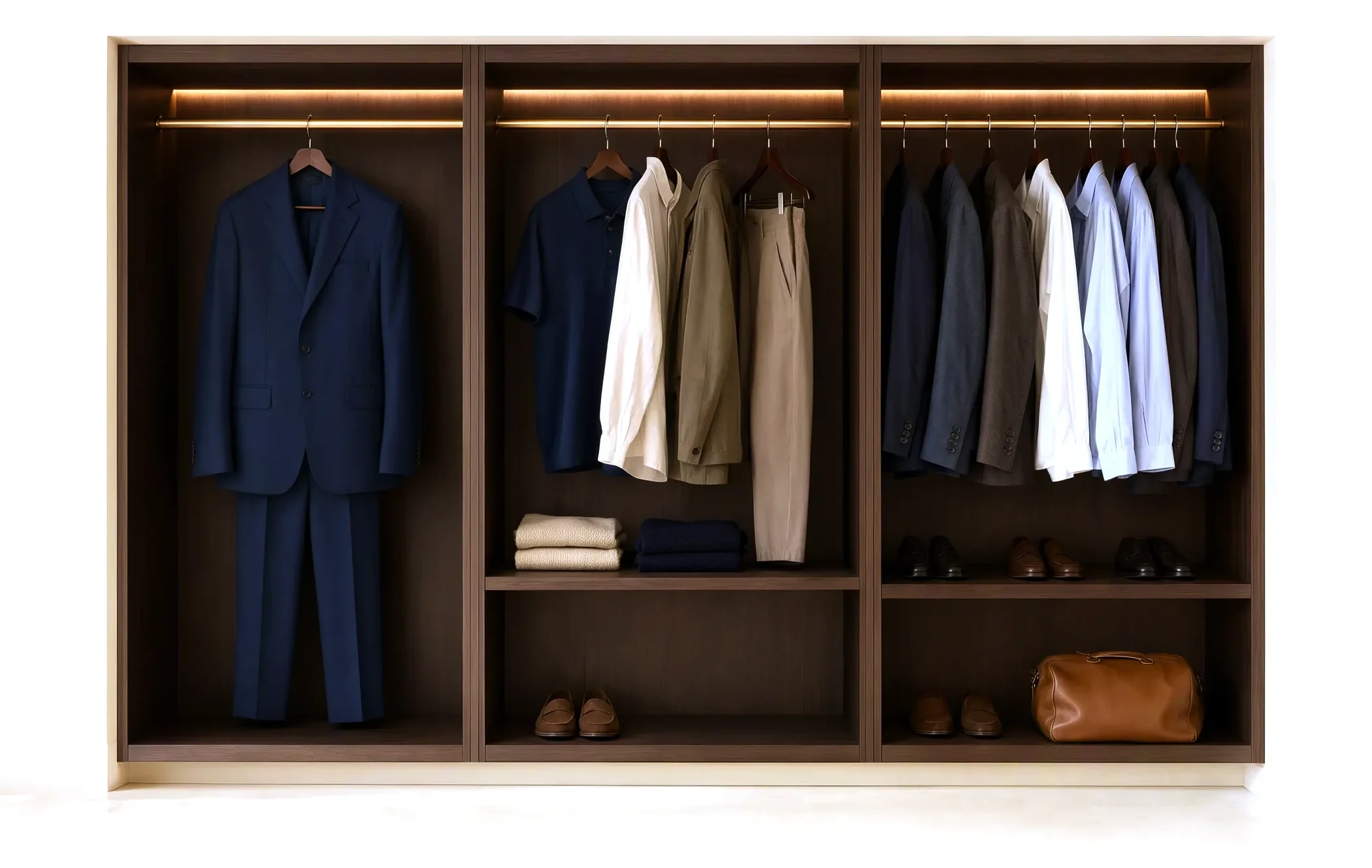 An open walnut wardrobe in three lit bays: a navy suit; polos, shirts and trousers; a run of jackets and shirts with shoes and a leather bag