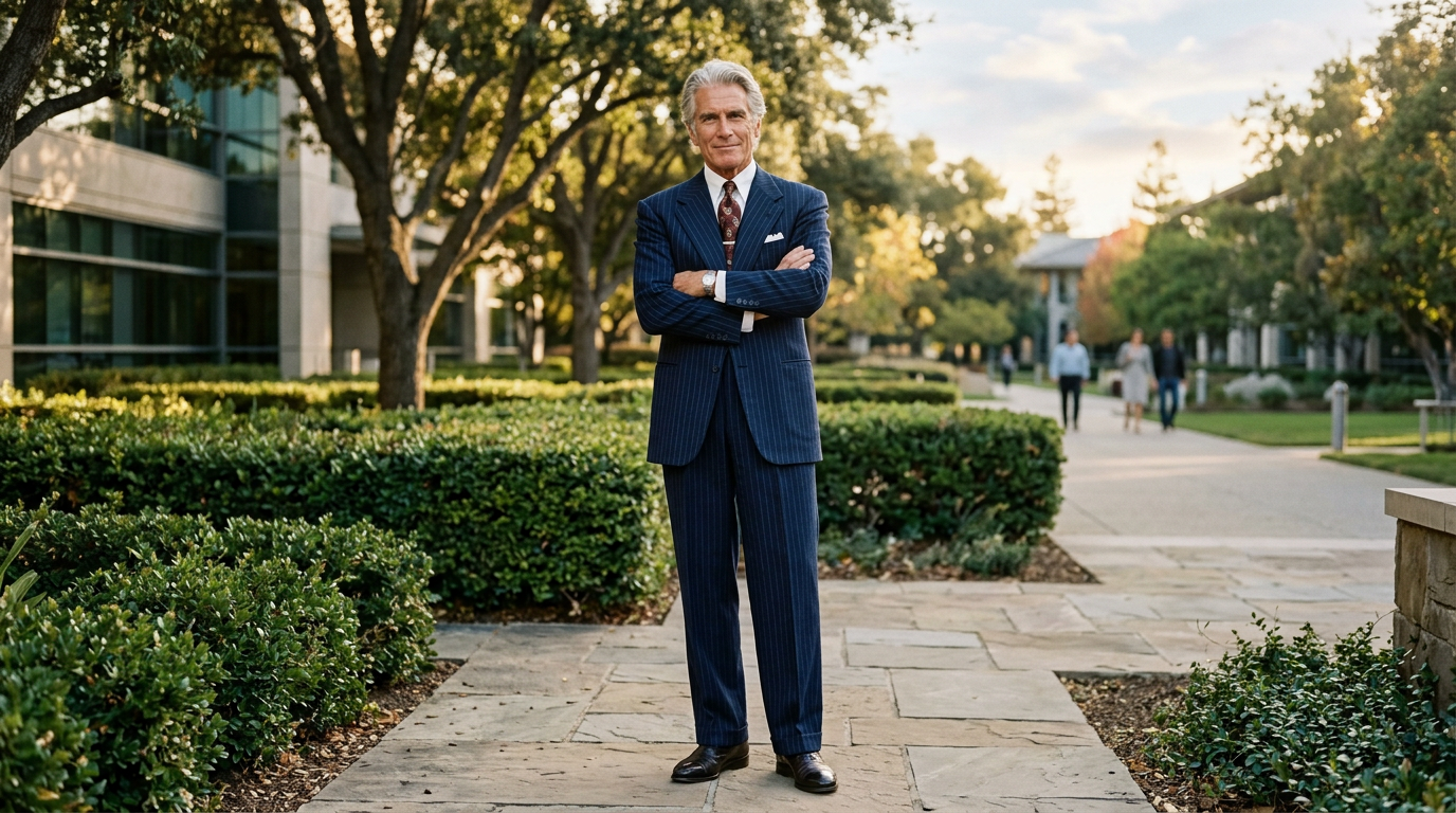 Distinguished executive in a bespoke navy business suit on a Silicon Valley campus