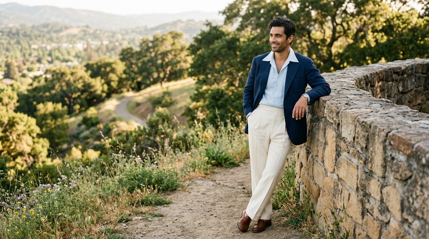 Man in a navy bespoke sport coat overlooking the Bay Area hills