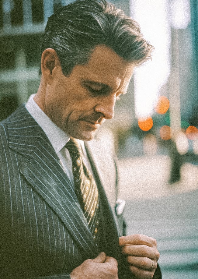 Bespoke custom suit by Fino in pinstripe at golden hour