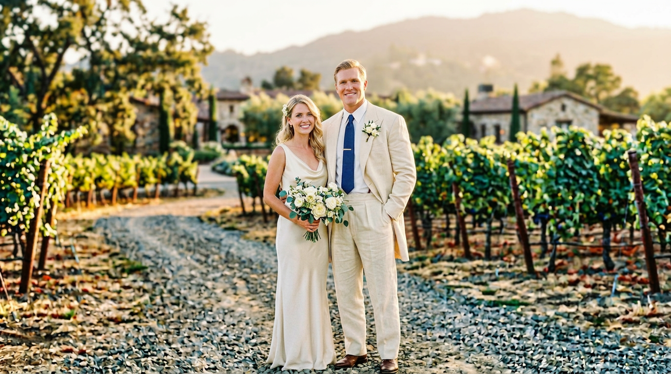 Bride and groom in a Fino bespoke wedding suit at a Napa vineyard