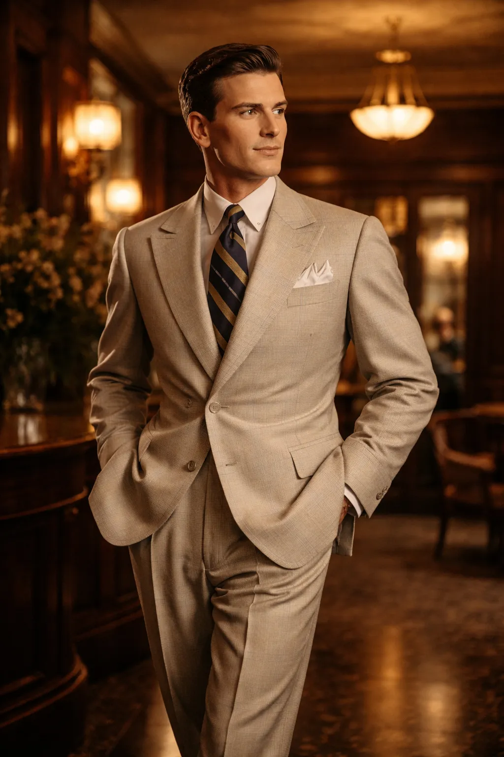 Man in a bespoke tan glen check suit with striped tie inside a warm wood-paneled room