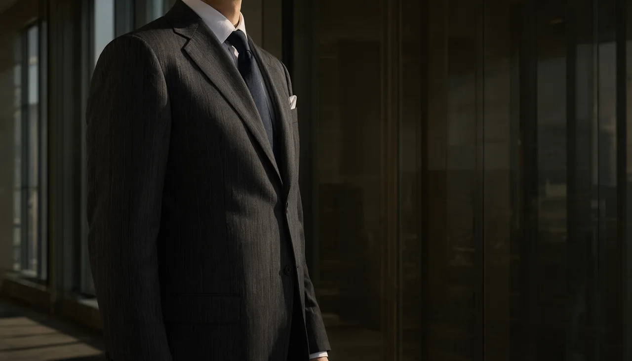 A charcoal chalk-stripe suit beside tall office windows in late-afternoon light