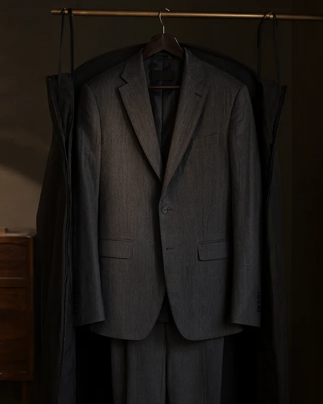 A finished charcoal suit on a wooden hanger in an open garment bag