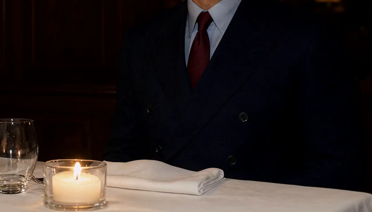 A midnight navy double-breasted suit at a candlelit dinner table