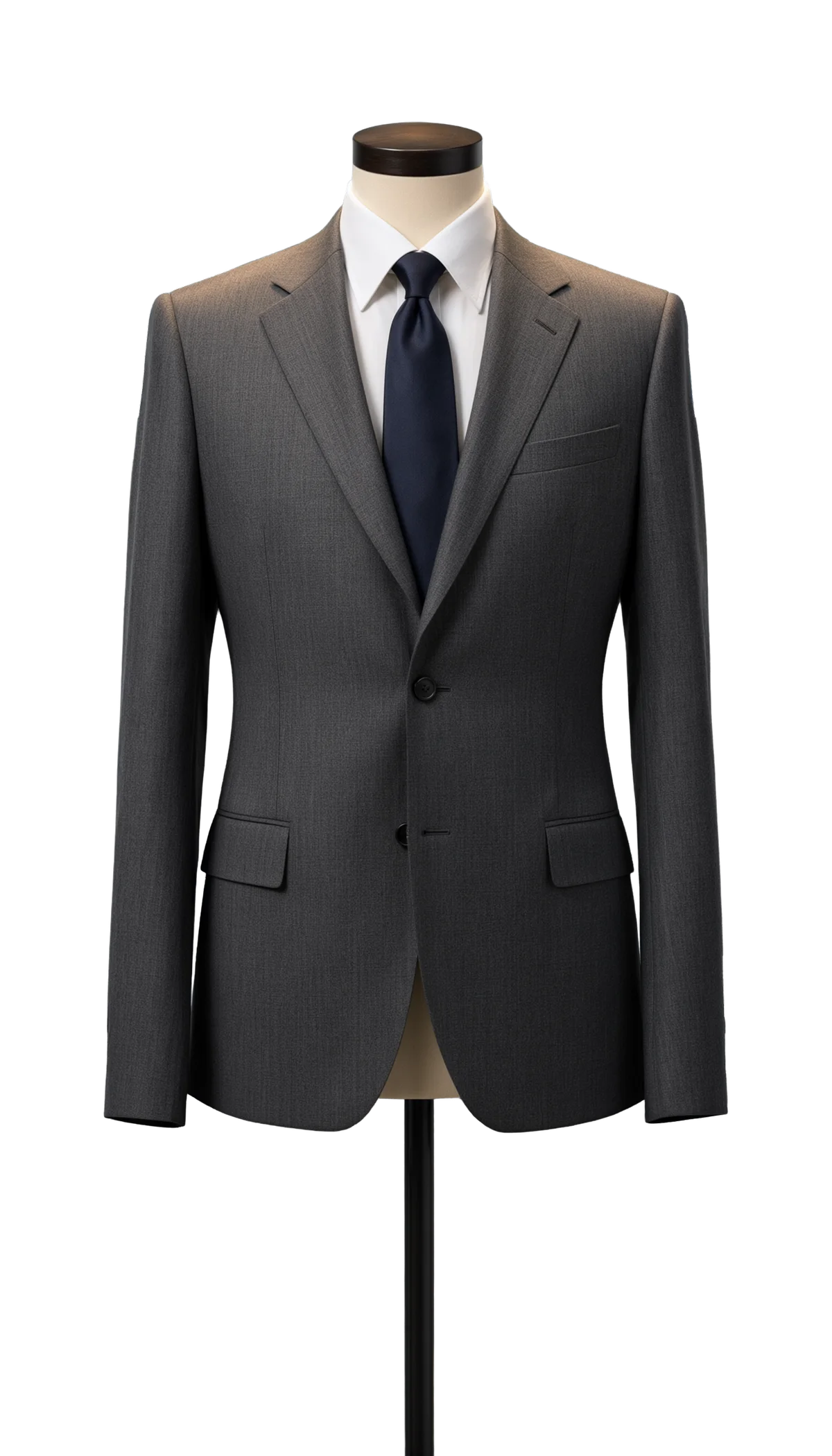 A mid-grey single-breasted suit jacket on a dress form, front view