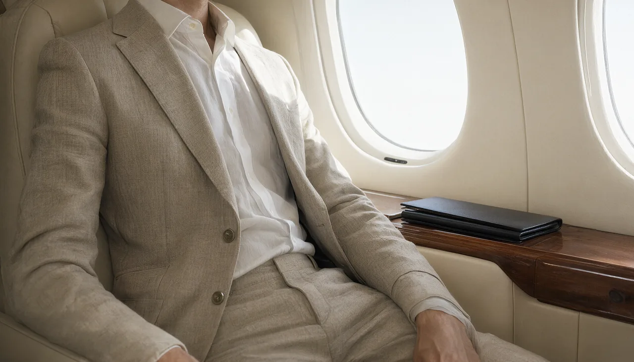A sand-coloured suit in a leather seat beside an aircraft window