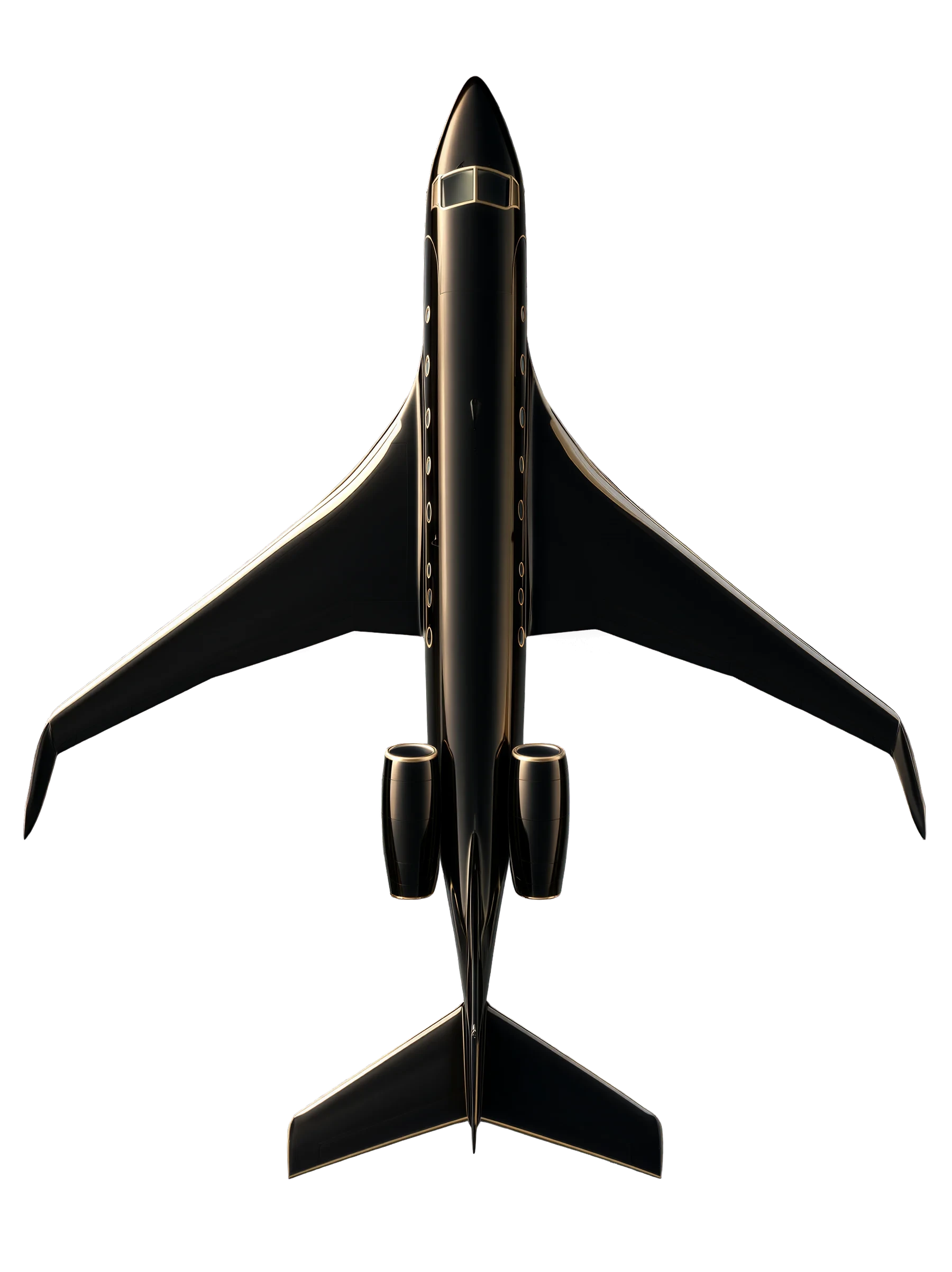Overhead view of a glossy black private jet with champagne-gold detailing